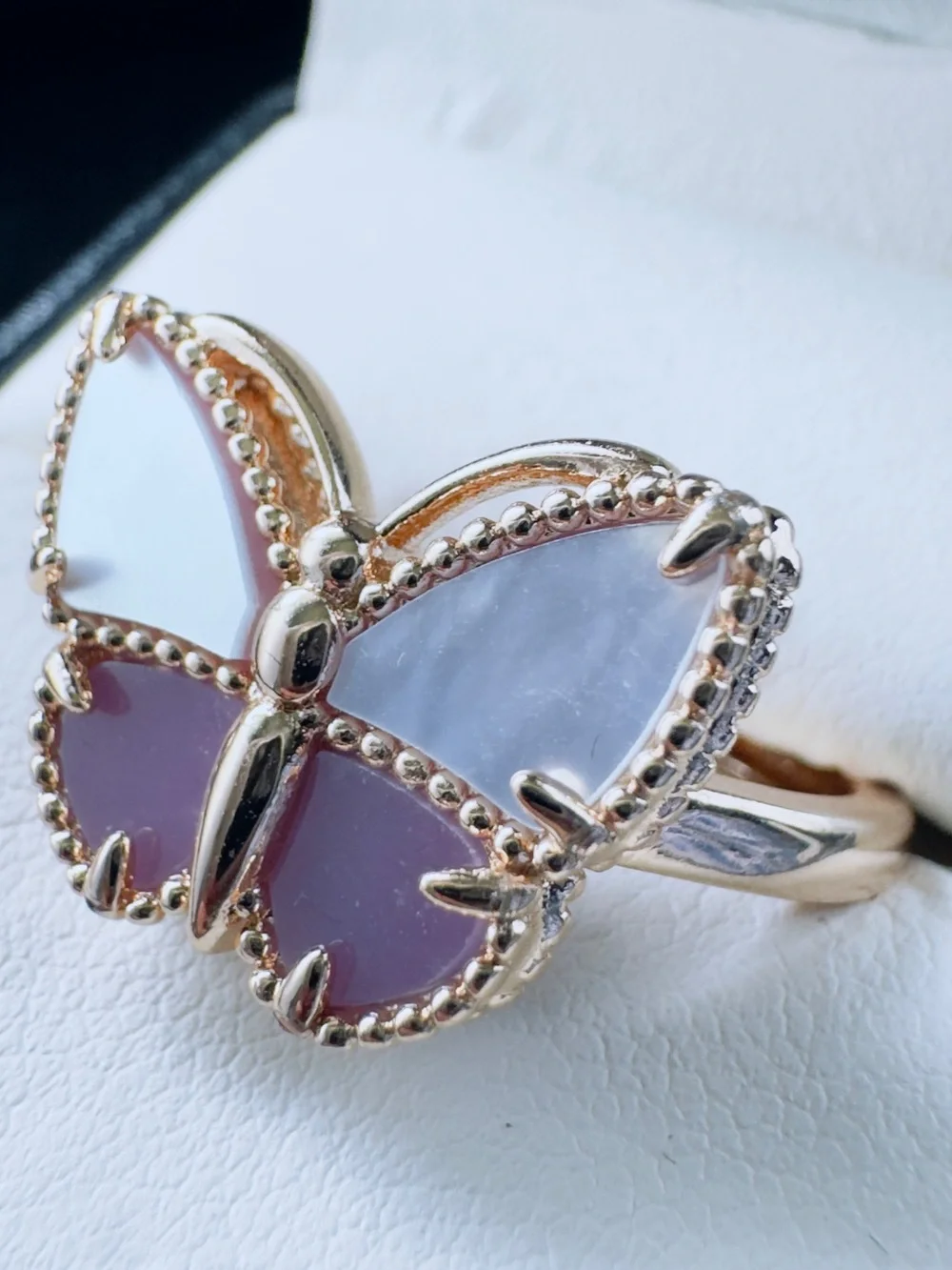 Rose Gold Butterfly Ring with Pink Mother of Pearl and Lavender Inlay